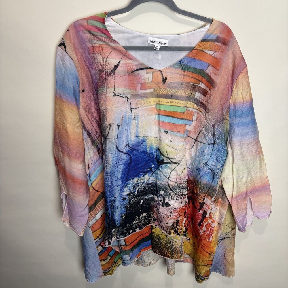 North Style Women’s Tiered Abstract Woven Top 2X Layered Funky Artsy Art To Wear - Picture 3 of 11